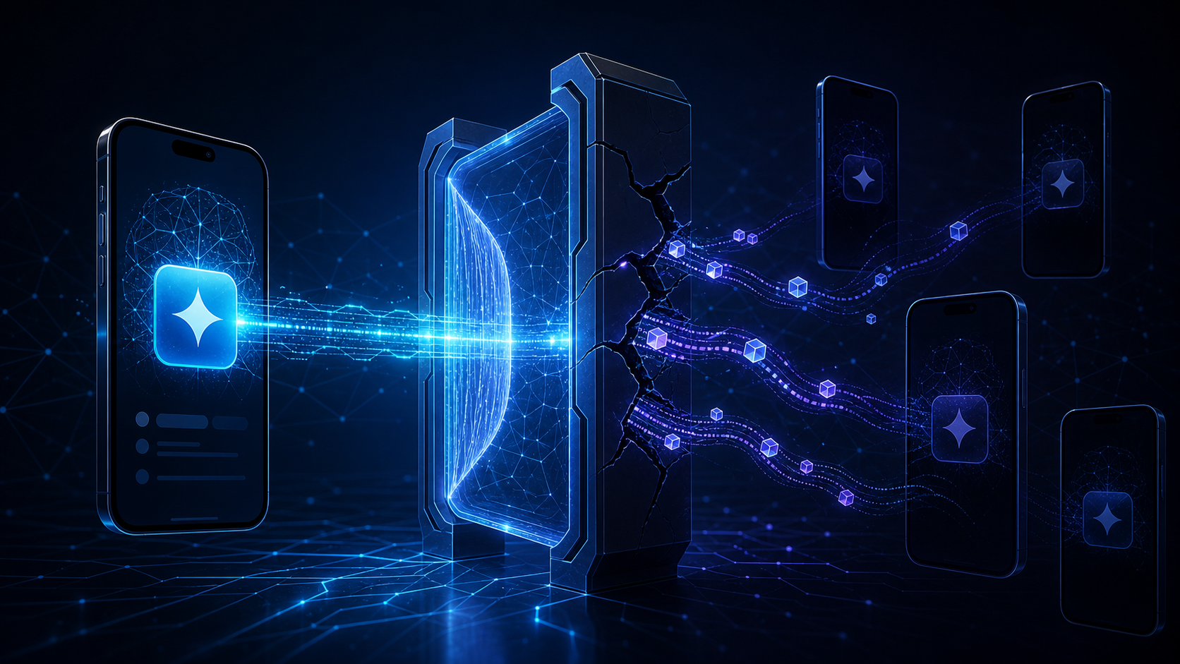 A mobile AI request passes through a cracked gateway and is copied to unauthorized devices